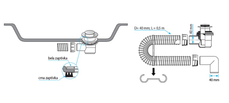 Skica sifon za tus kadu klil-klak mesing